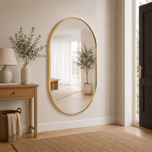 Espelho oval com moldura em alumínio dourado 150x80 cm