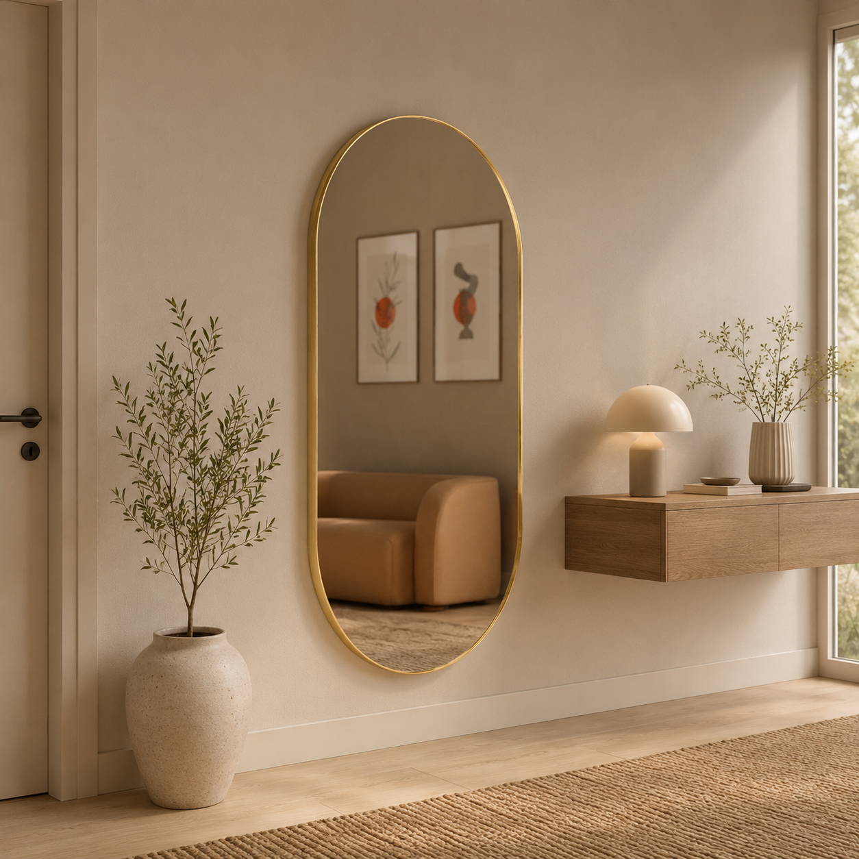 Espelho oval em resina dourado 150x80 cm