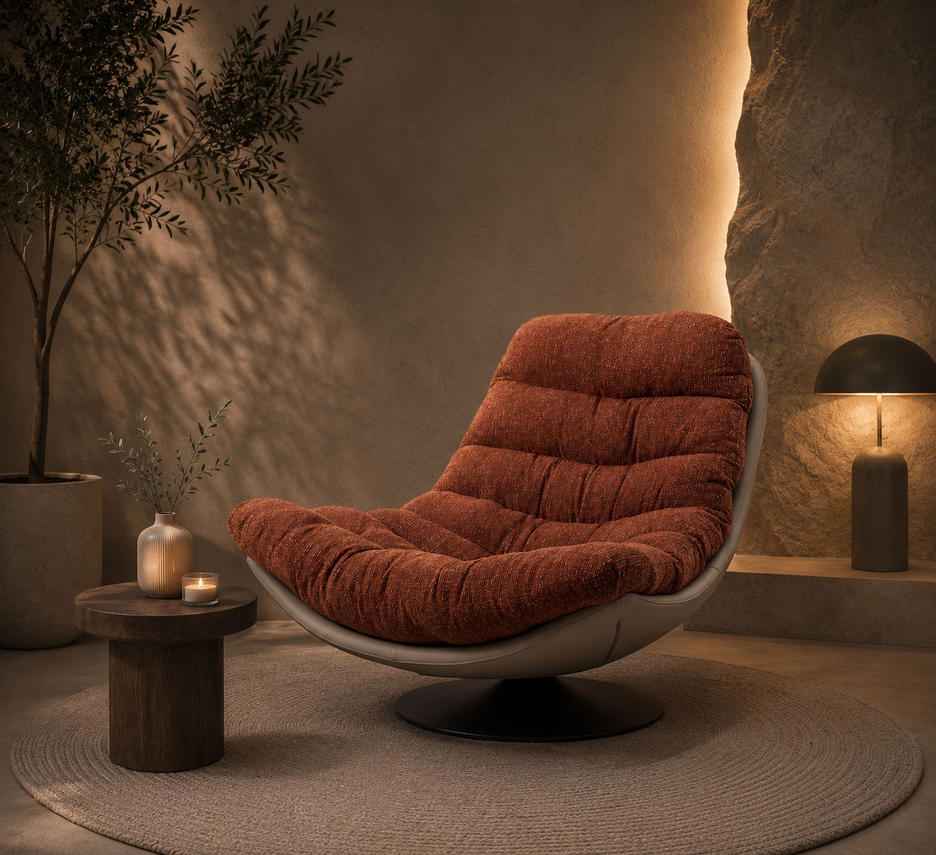Poltrona Arti giratória 360º estofada em caldeira e bege 92×86×80cm