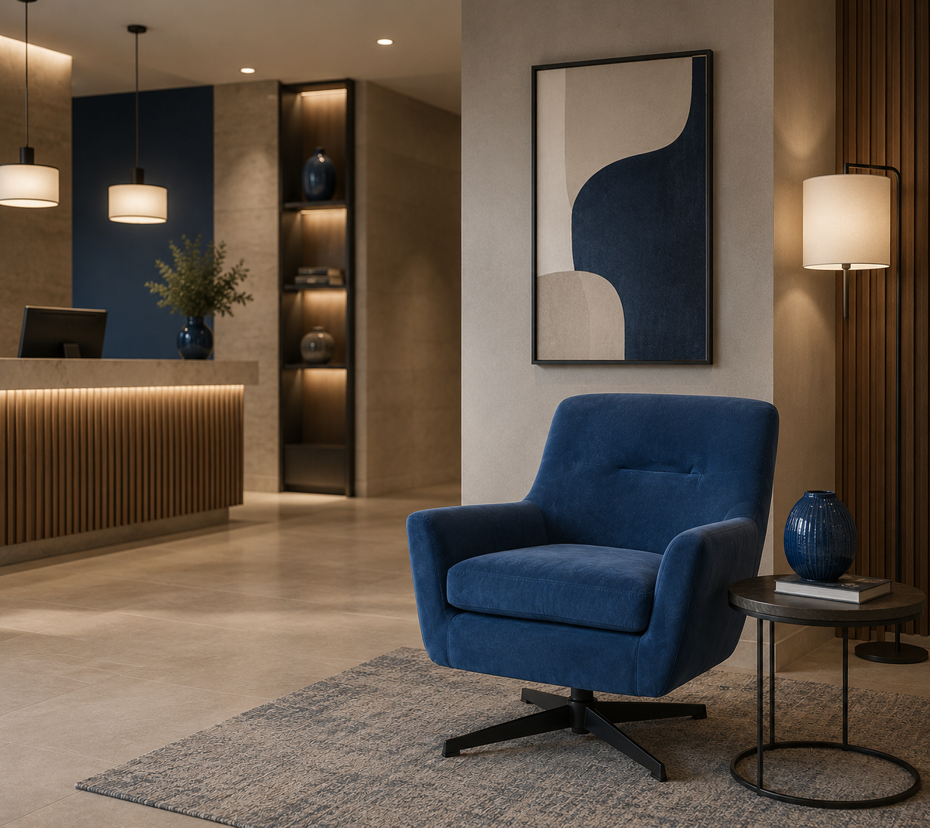Poltrona Roy giratória 360º em veludo azul 79×73×70.5cm