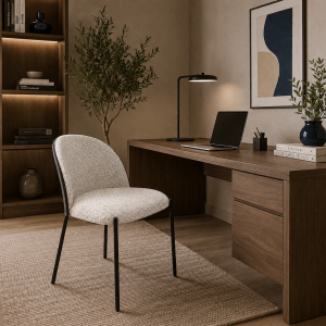 Cadeira Ingrid. Assento em chapa preta curvada, estofada em cinzento jaspeado. 80×51×59 cm