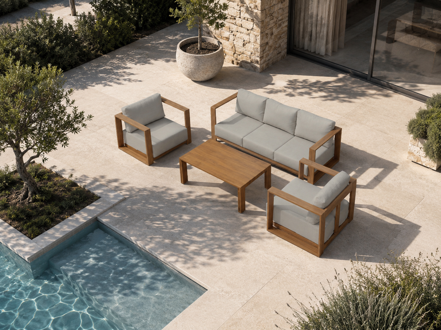 Conjunto de exterior Altea com sofá, 2 cadeirões e mesa de centro em alumínio com efeito madeira e tecido bege. - Image 2