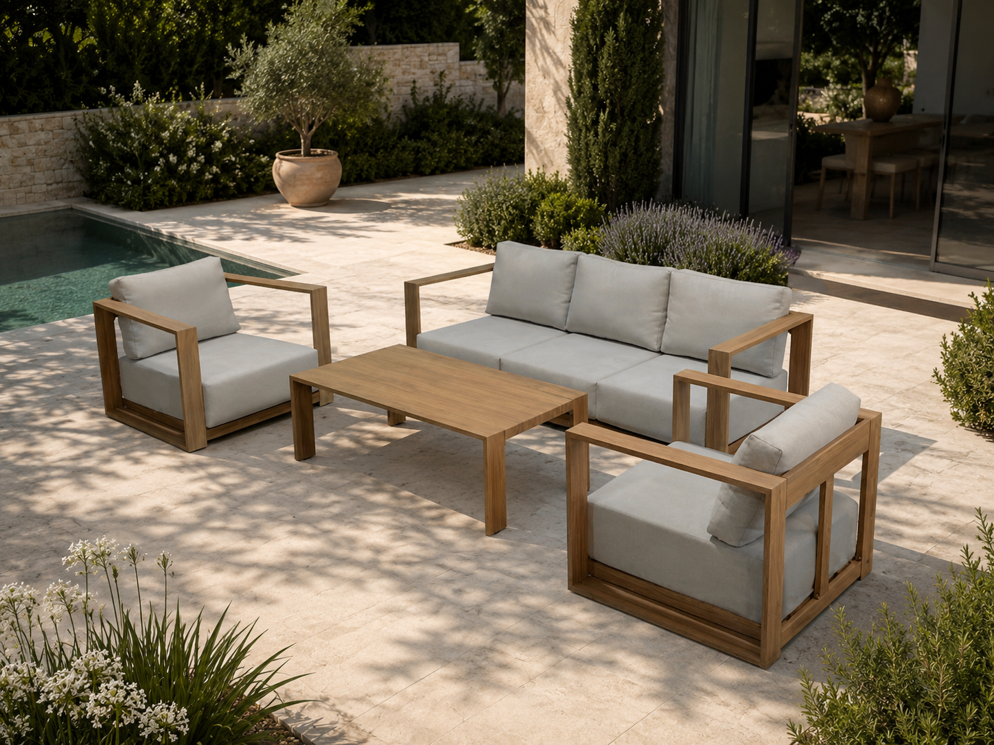 Conjunto de exterior Altea com sofá, 2 cadeirões e mesa de centro em alumínio com efeito madeira e tecido bege.