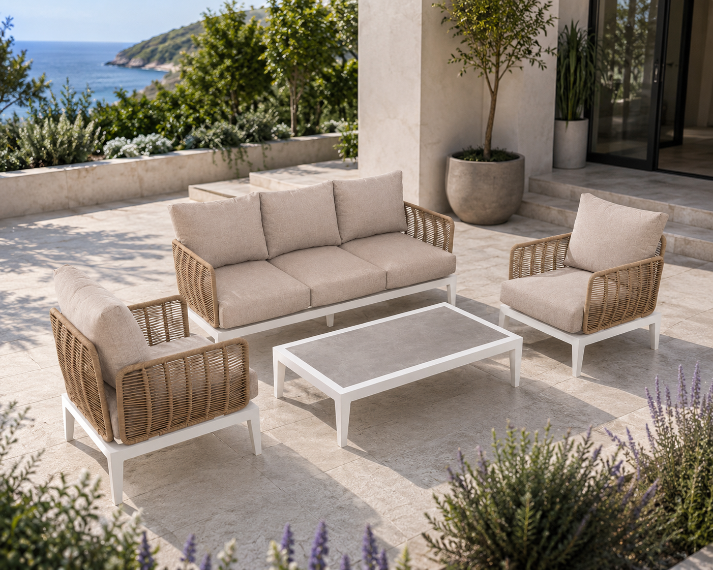 Conjunto de terraço Granadella branco, com corda sintética e assentos em tecido bege. - Image 3