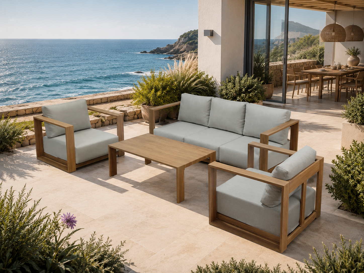 Conjunto de exterior Altea com sofá, 2 cadeirões e mesa de centro em alumínio com efeito madeira e tecido bege. - Image 3