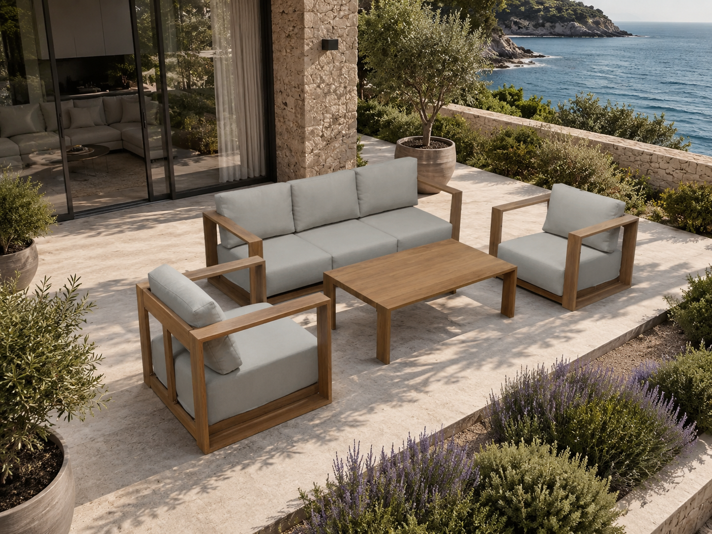 Conjunto de exterior Altea com sofá, 2 cadeirões e mesa de centro em alumínio com efeito madeira e tecido bege. - Image 4
