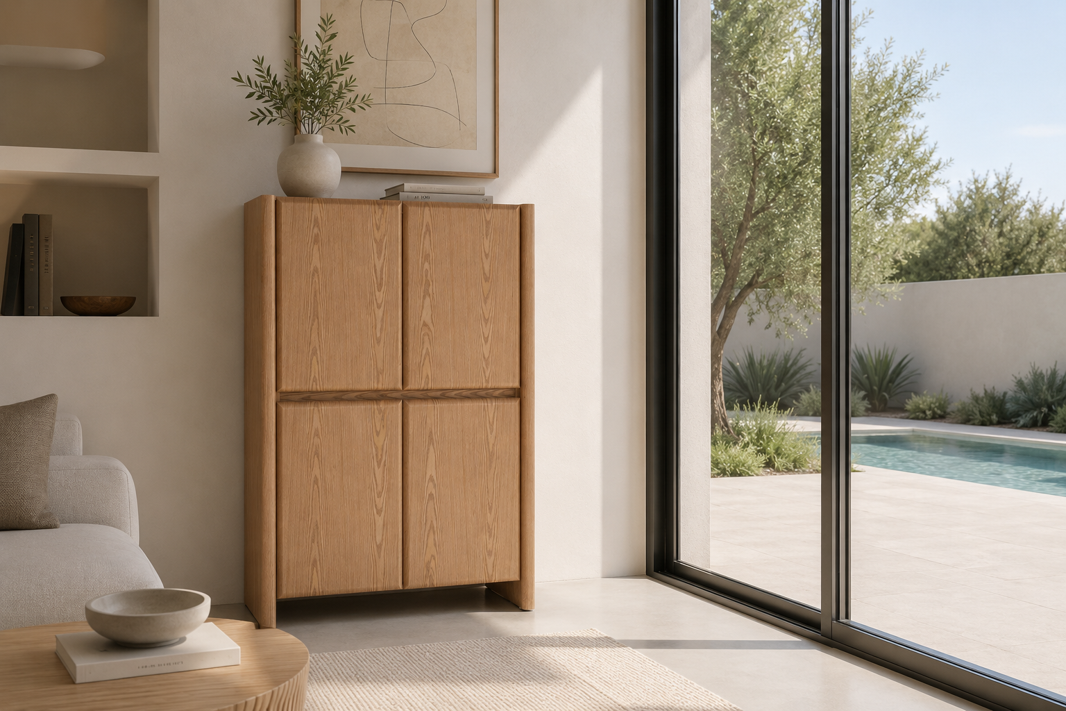 Aparador Gio alto com 4 portas, folheado a carvalho, 90 × 45 × 140 cm