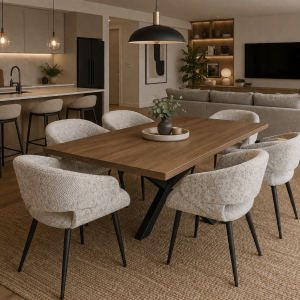 Cadeira Greta. Assento curvado em tecido cinzento. 77×57×60 cm