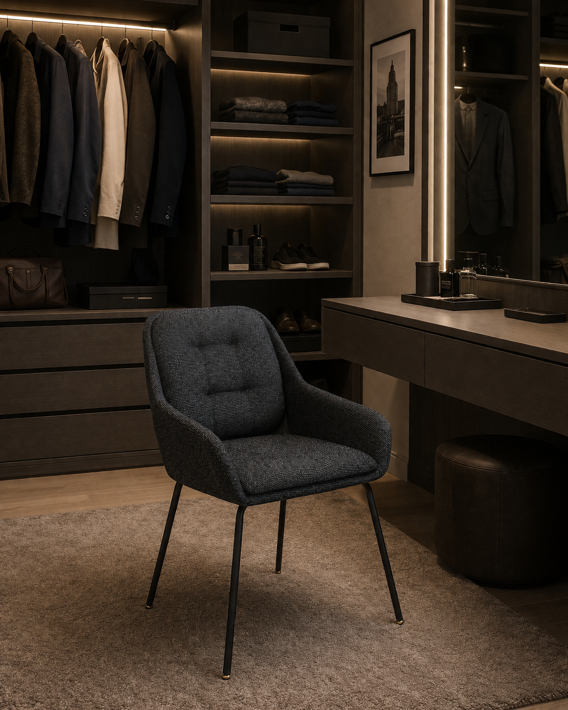Cadeira Belmont. Estofada em cinzento. 83×60×61 cm
