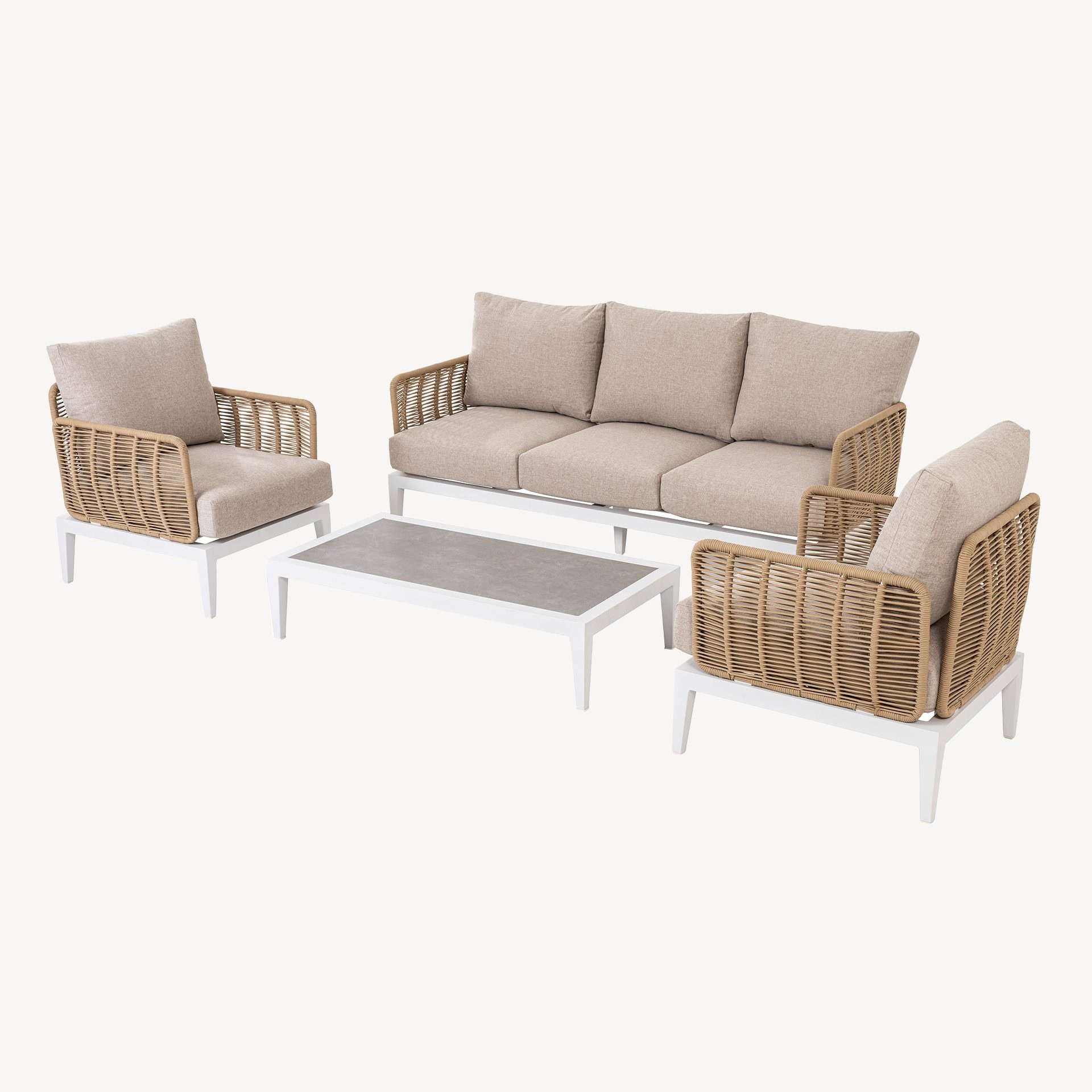 Conjunto de terraço Granadella branco, com corda sintética e assentos em tecido bege. - Image 4