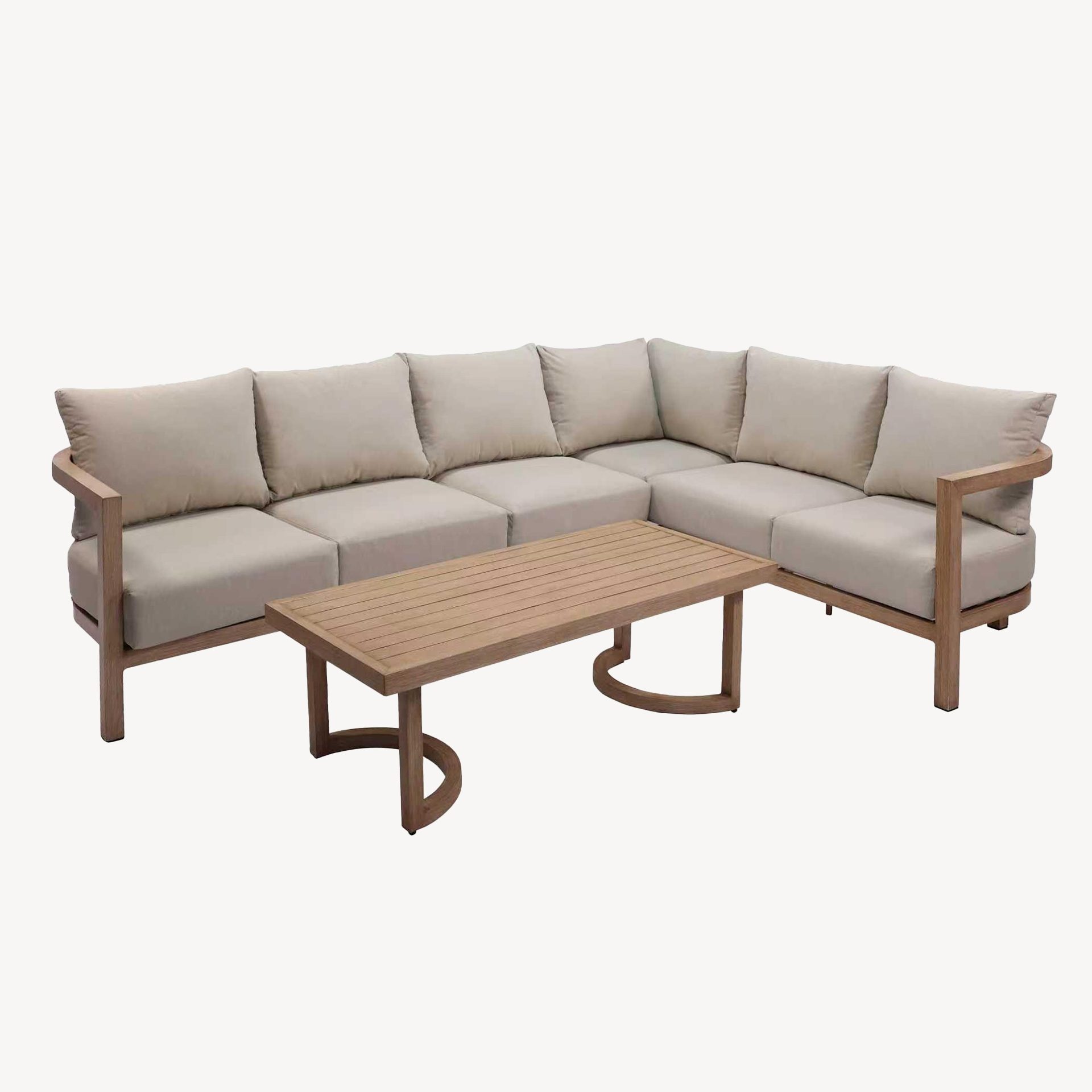 Sofá de canto para exterior Ava com mesa de centro em alumínio com efeito madeira e tecido bege - Image 3