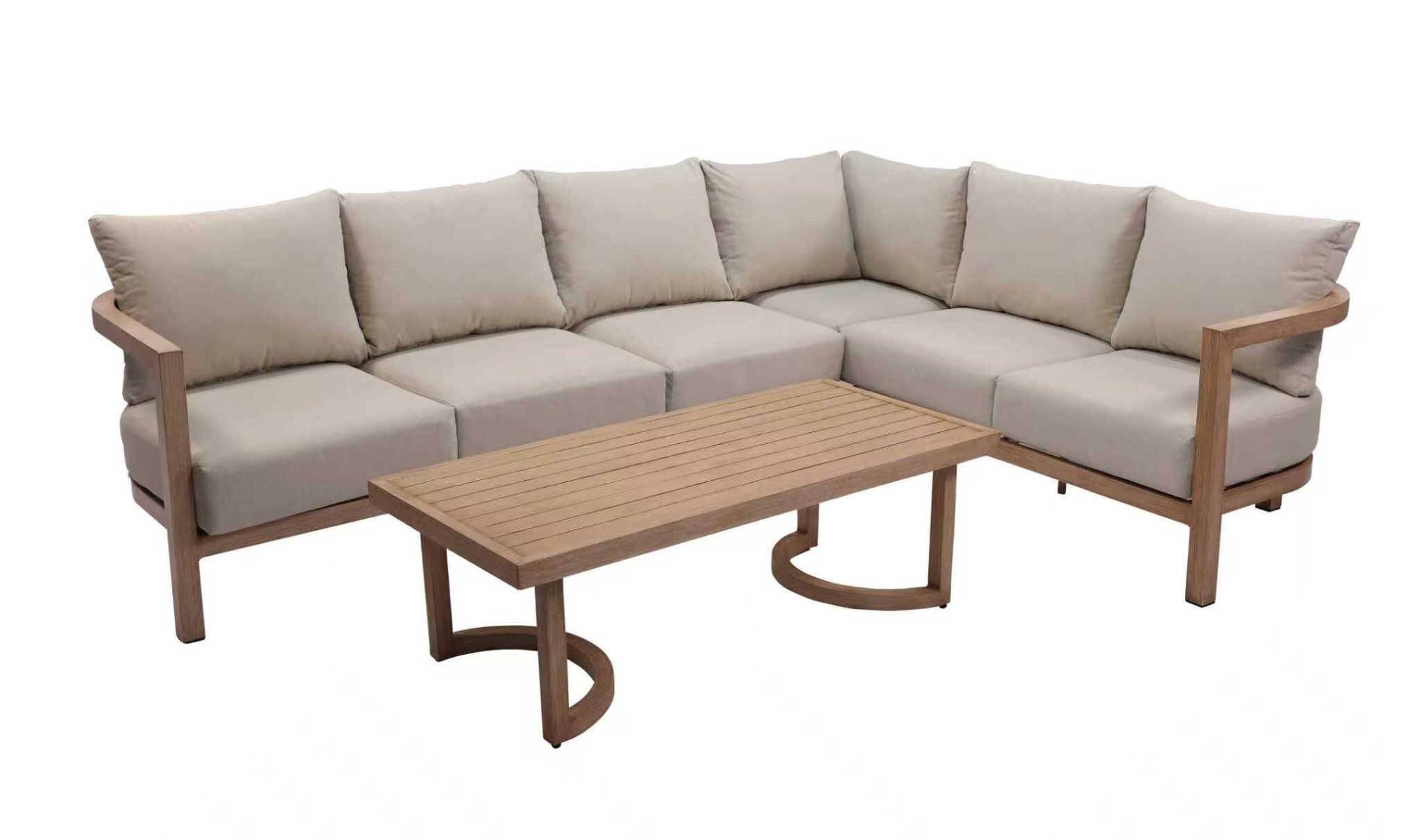 Sofá de canto para exterior Ava com mesa de centro em alumínio com efeito madeira e tecido bege - Image 5